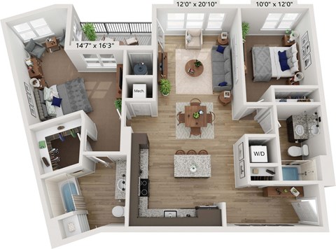 Floor plan for 2 beds, 2 baths, 1196 sqft